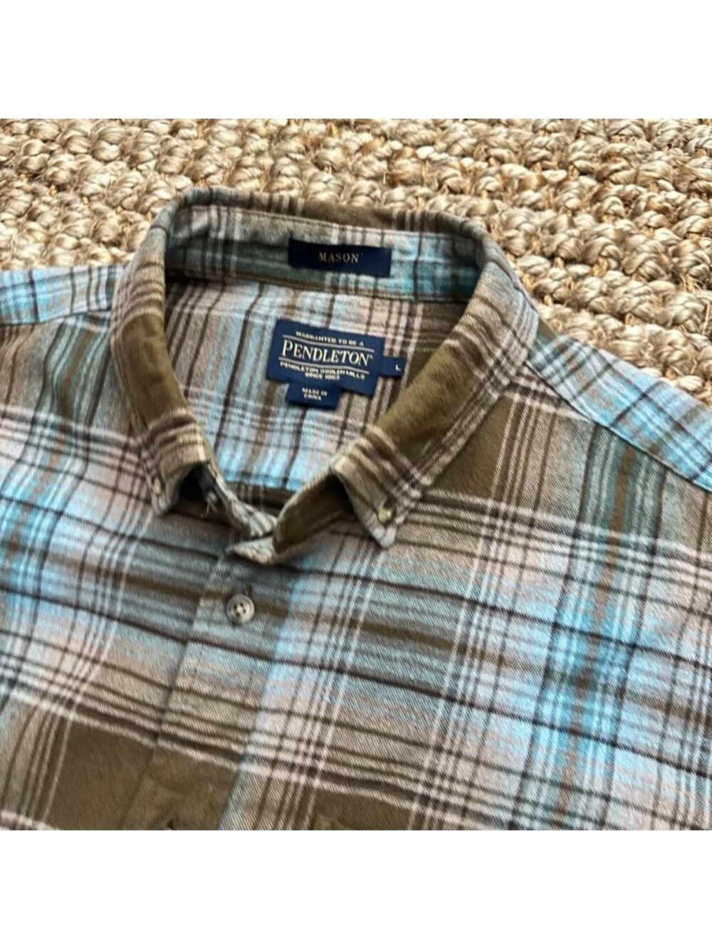 Pendleton Mason Flannel Shirt Blue Brown Mens (Large) Long Sleeve
